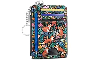 Kelvoris Cute Fox Flowers Credit Card Holder Small Wallet Women, Slim RFID Blocking Wallet Woman Keychain with Zipper Coin Pocket, Front Pocket Thin Travel Card Case Organizer ID Window Ladies Gifts