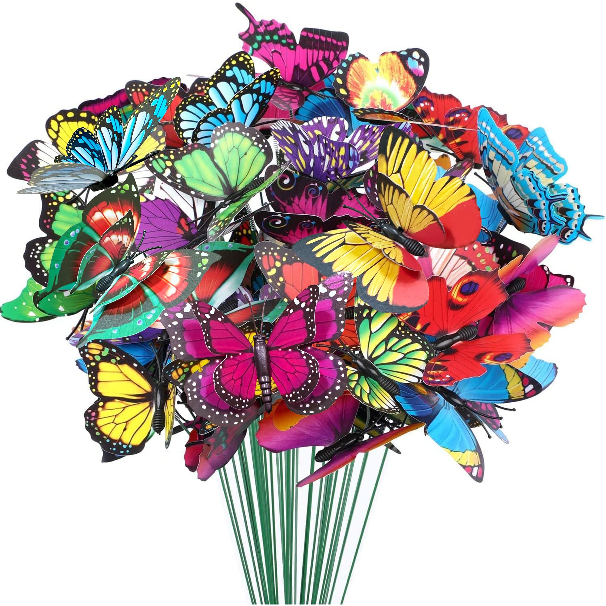 Attuslla 100 PCS Butterfly Stakes Decorative Garden Waterproof Butterfly Decor Garden, Double Wing Butterfly Garden Decor Stakes for Plants Flower Beds Plant Pots