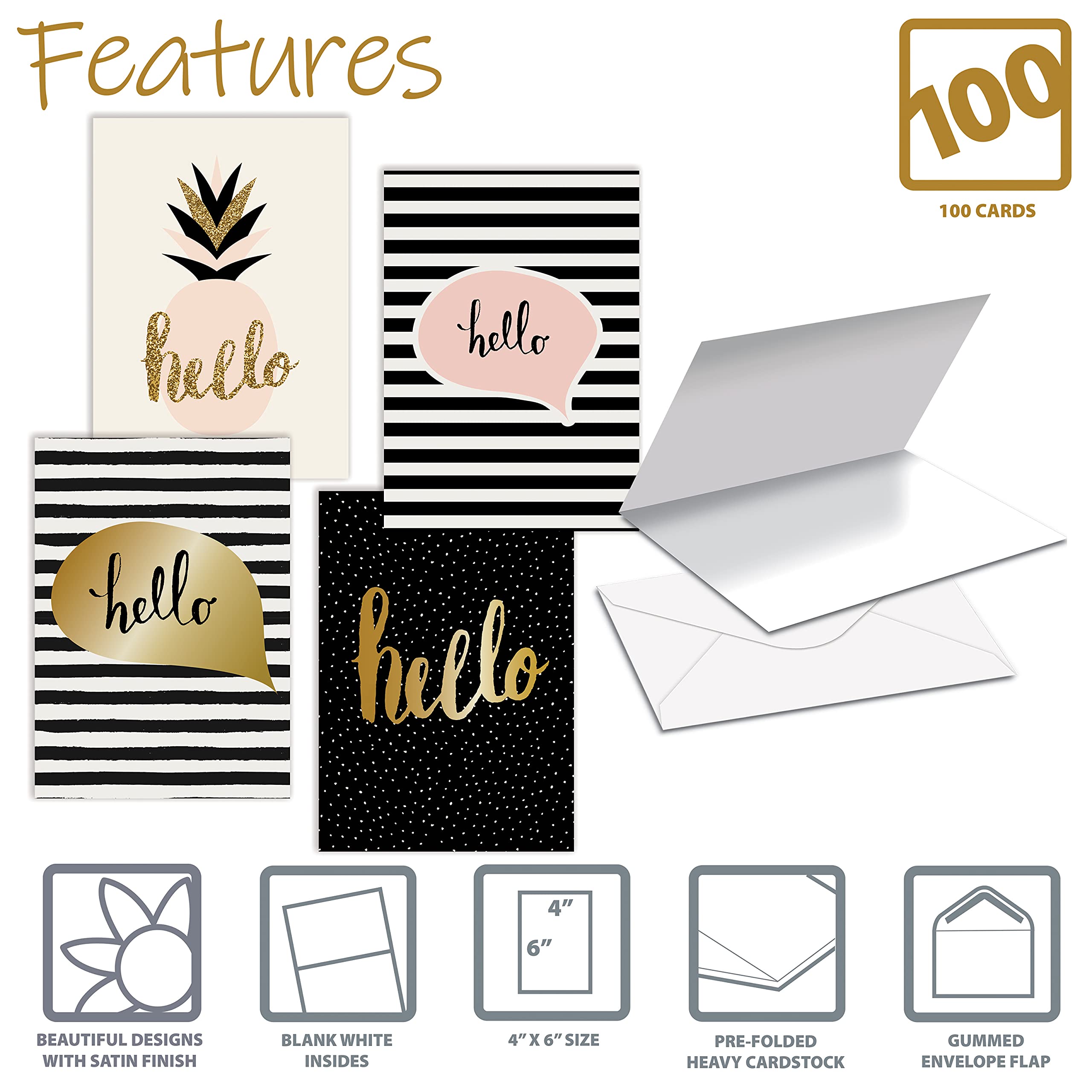 Better Office Products Hello Greeting Cards, All Occasion Card, 4 x 6 inch, 4 Elegant Cover Designs, Blank Inside, Thinking of You Cards, Hello Note Cards, with Envelopes, 100 Pack
