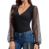 MISMI Womens Tops Deep V Neck Cross Wrap Sexy Tops Polka Mesh Long Sleeve T Shirt Casual Blouses