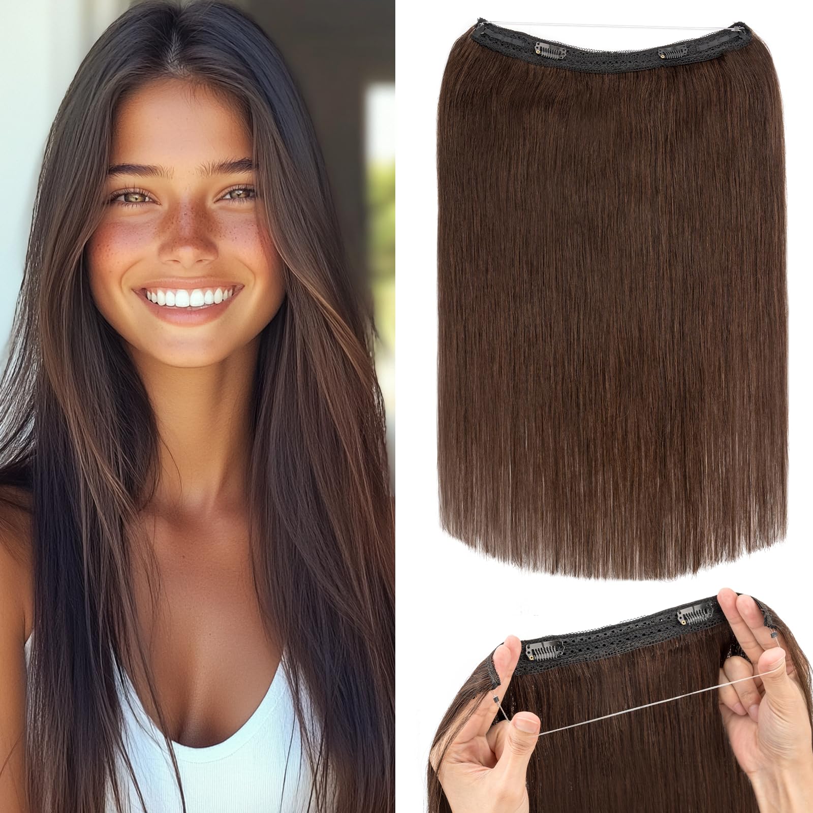 Rich Choices Halo Hair Extension 22 Inch Human Hair Extensions Clip in Invisible Wire Hair Straight Remy Human Hair Halo Seamless One Piece Clip in, 75g #2 Dark Brown — image 1