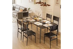 Ahomly 7-Piece Extendable Dining Table Set with 6 Padded Chairs, Dining Room Table Set for 4-6, MDF Board & Metal Frame Kitchen Table Set for Kitchen, Living Room, Apartment, Restaurant, Black