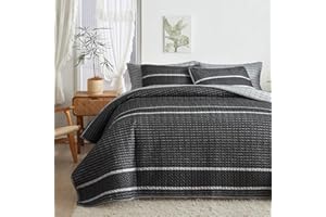 Flysheep Dark Grey Boho Quilt Set Twin Size for Kids, 2 Pcs White Striped on Black Reversible Bedspread, Brushed Microfiber Coverlet for All Season, 1 Quilt + 1 Pillow Sham