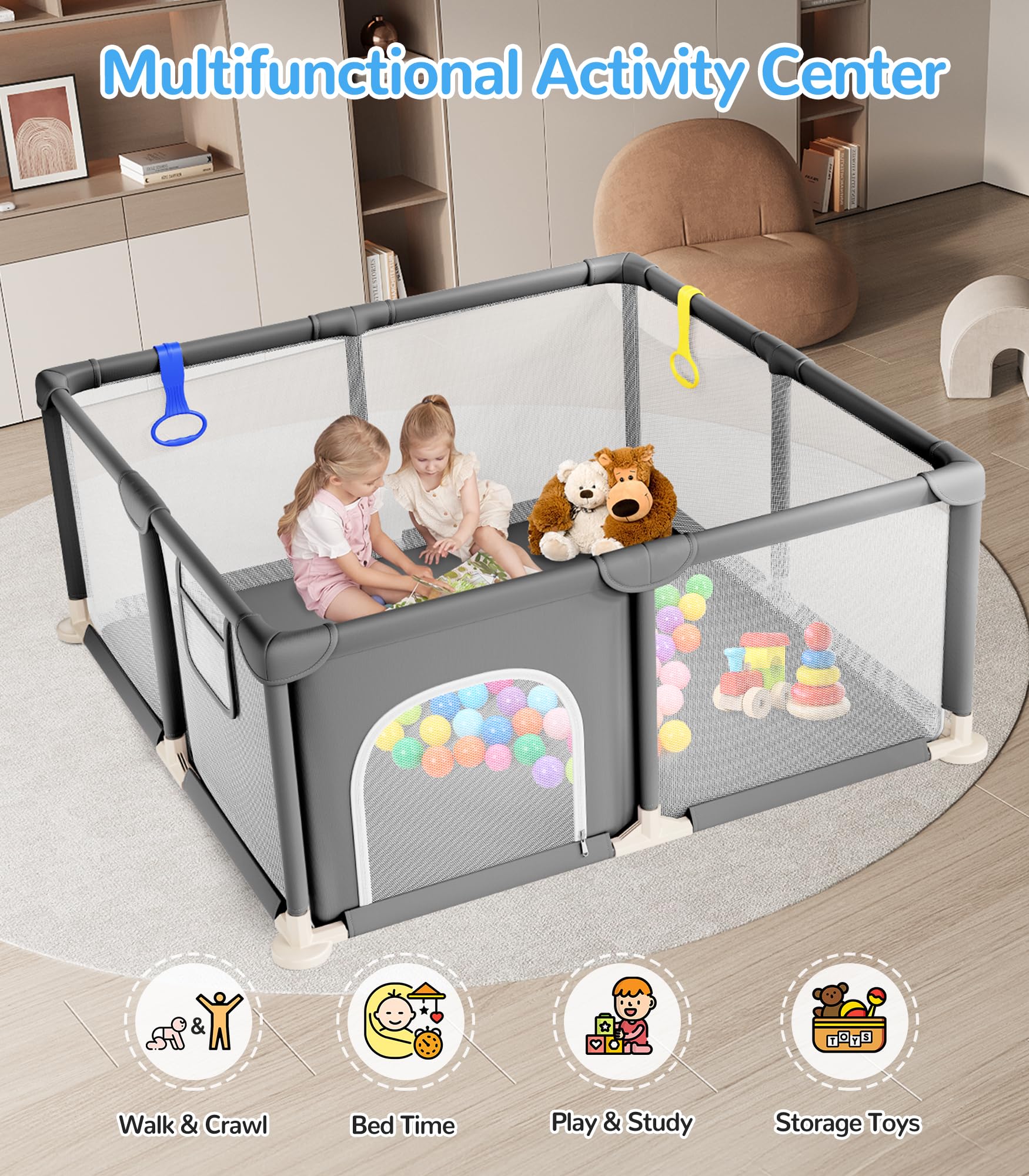Dripex Baby Playpen, 47×47 Inch Small Playpen for Babies, Enhanced Safety Baby Play Yard for Indoor & Outdoor, Infant Play Pen with Soft Breathable Visible Mesh, Anti-Fall Design & Easy Setup, Grey