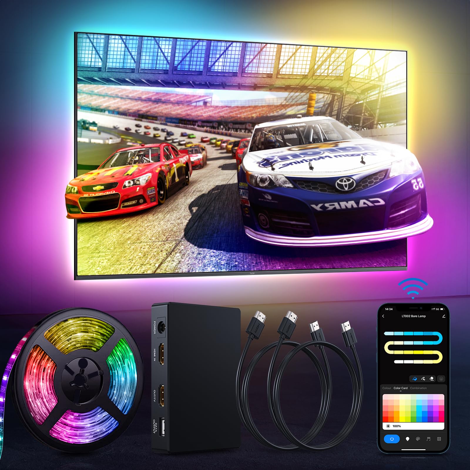 Photo 1 of EDUP IN LED Strip Backlights TV HDMI 2.0 Sync Box Immersion Kit Gaming APP/Voice Control Color Changing Music Sync Bedroom Room Decor ?Note:HDMI Device Must Be Connected Externally? (12.5FT)