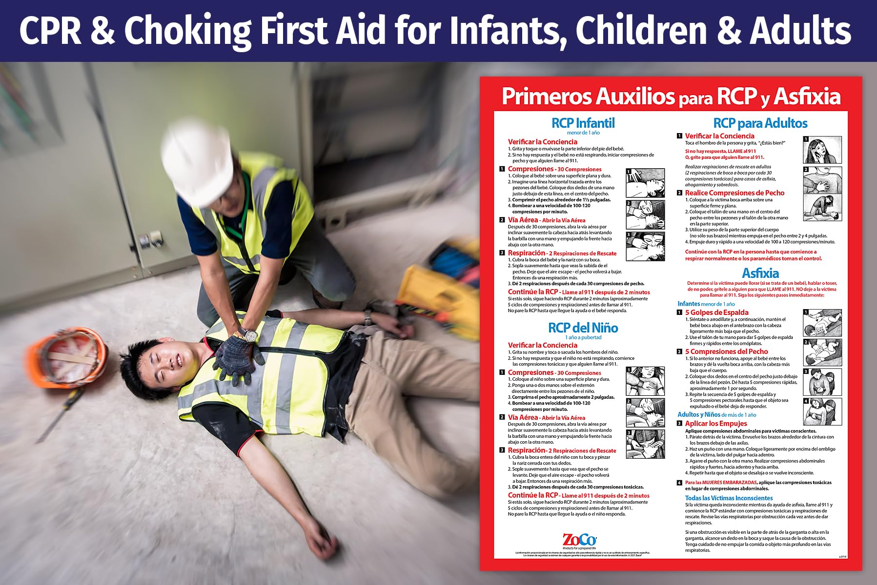 Safety Magnets CPR & Choking Poster in Spanish (en Español) - Laminated, 17 x 22 inches - Restaurant Compliance Signs - School Supplies in Spanish
