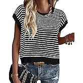 ATHMILE Womens Short Sleeve Sweater Spring Summer Striped Teacher Round Neck Pullover Cap Sleeve Knit Cute Vest Tops 2026