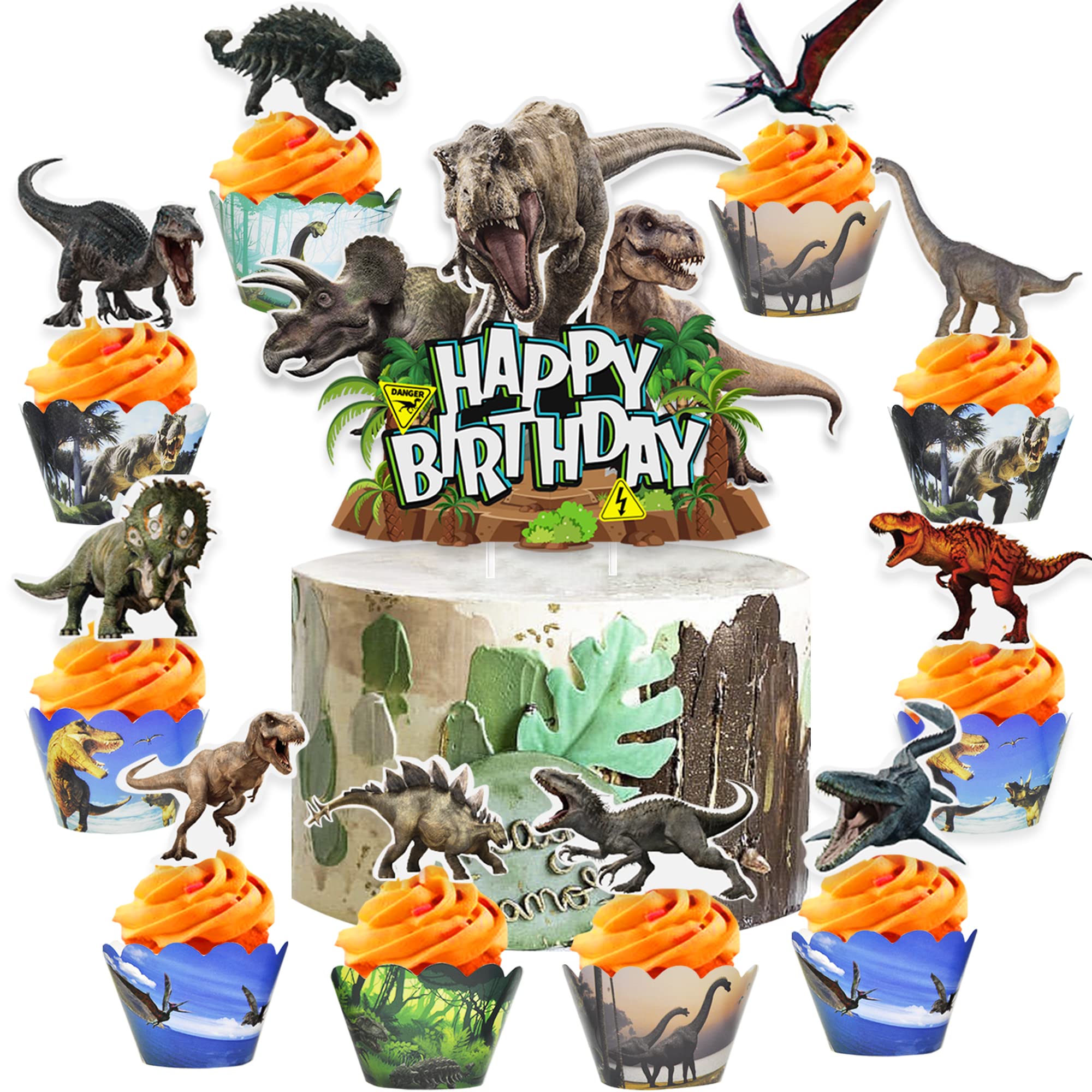 Photo 1 of Dinosaur Cake Toppers & Decorations - 49 Pcs, Cupcake Wrappers, Baby Shower & Kids Party Supplies