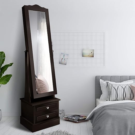 Amazon Com Funkoco Swiveling Mirror Jewelry Armoire Led Jewelry Storage Cabinets 360 Arotating Jewelry Organizer Dark Brown Home Kitchen