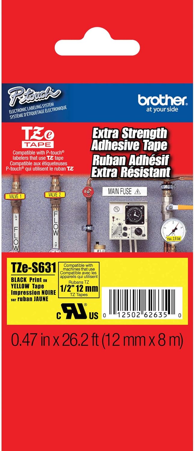 Brother TZe-S631, Extra strength adhesive, black on yellow, Roll (1.2 cm x 8 m) 1 cassette(s) laminated tape