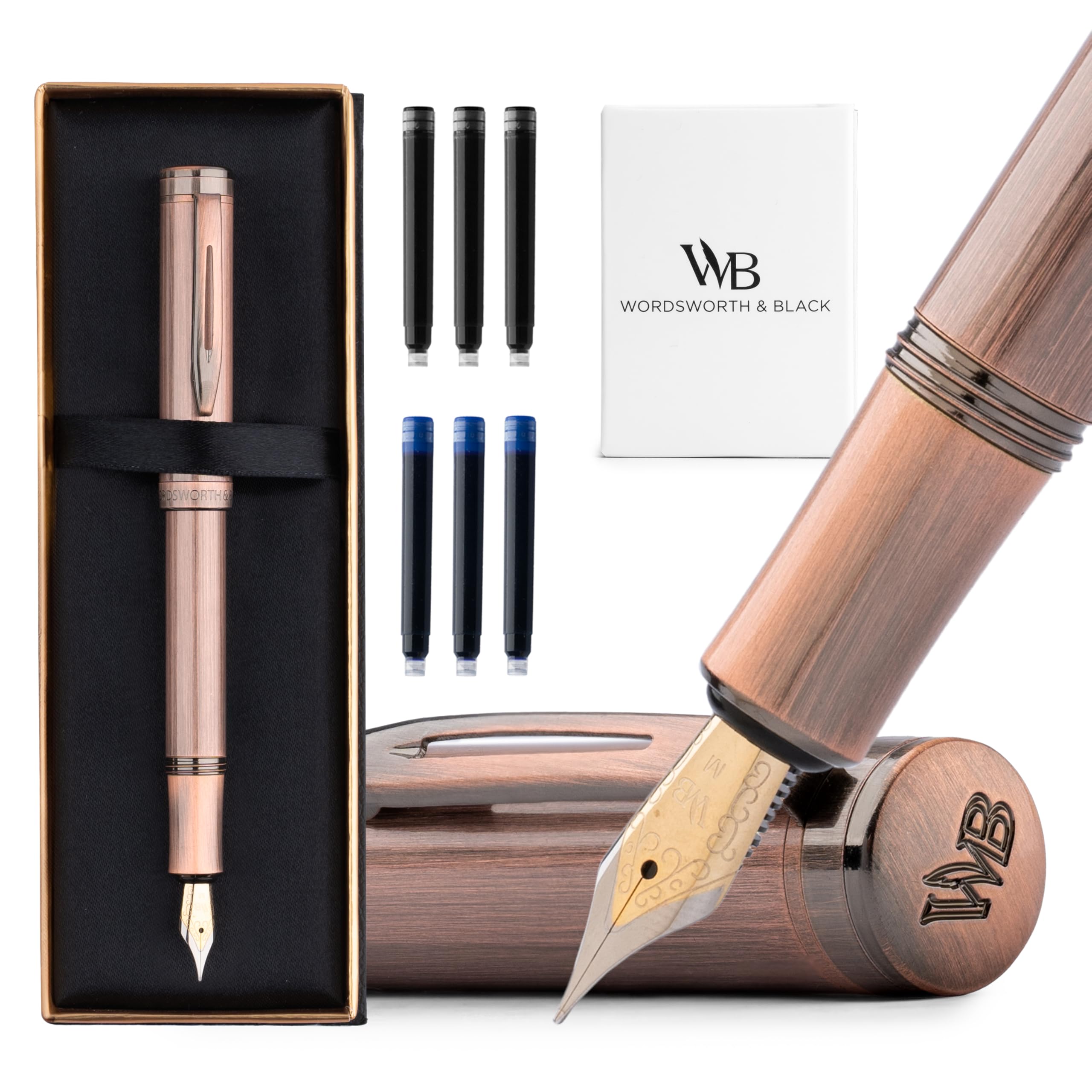 Wordsworth and Black Fountain Pen Mini EDC: Luxury Copper Heavy Pocket Pen, Medium Nib, 6 Ink Cartridges, Ink Converter, Travel Refillable Writing Pen Gift Set, Men & Women