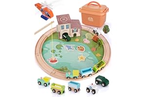 Jessruly Wooden Train Track Set - 48-Piece Toy Train Tracks Compatible with Thomas, Brio, Melissa & Doug - Includes Fishing and Puzzles for Toddlers 3-8 - Educational for Fun Playtime