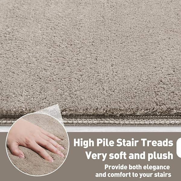 PURE ERA CARPET STAIR TREADS ULTRA PLUSH 9.5″ X 30″SOFT BULLNOSE INDOOR STAIR PROTECTORS PET-FRIENDLY NON-SLIP SKID RESISTANT TAPE FREE WASHABLE REUSABLE(14 PIECES, CREAM GRAY)