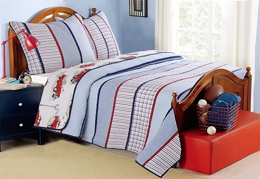 Amazon Com Cozy Line Home Fashions Cars 3 Piece Quilt Bedding Set For Boy 100 Cotton Navy Blue Red Grid Stripe Printed Reversible Bedspread Coverlet For Kids Benjamin Stripe Queen 3 Piece Home Kitchen