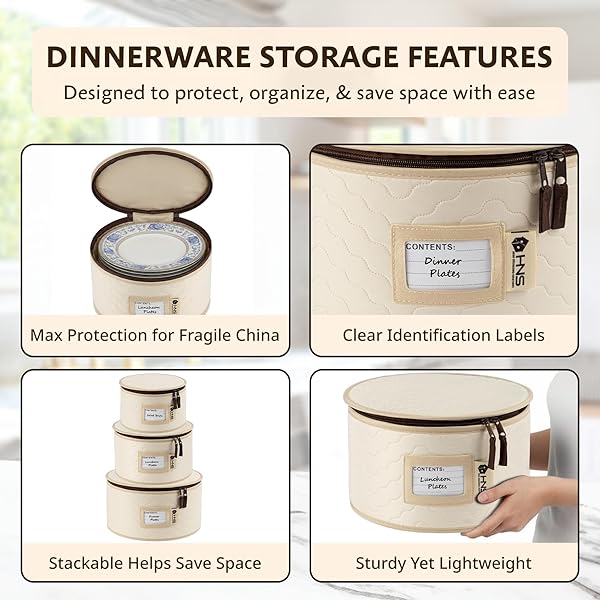CHINA STORAGE HARD SHELL CONTAINERS 5-PIECE SET MOVING BOXES FOR DINNERWARE, GLASSES, PLATES, MUGS AND SAUCERS STURDY DISH ORGANIZER WITH DIVIDERS FOR SEASONAL STORAGE – SERVICE FOR 12 – BEIGE QUILTED