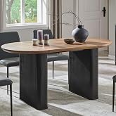 T4TREAM 63" Fluted Oval Dining Table for Kitchen Living Room,Brown&amp;Black | Mid Century Modern Kitchen Table, Seats 4-6, Thickened Edge and Sturdy Strip Pedestal Base