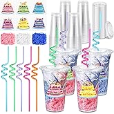 Qinyoung 24 Set Creative Happy Birthday Gifts from Teacher Students Birthday Cups with Lids Colorful Straws Stickers and Raffia Plastic Cups for Reward Kids Prize Classroom Party Supplies (Cute)