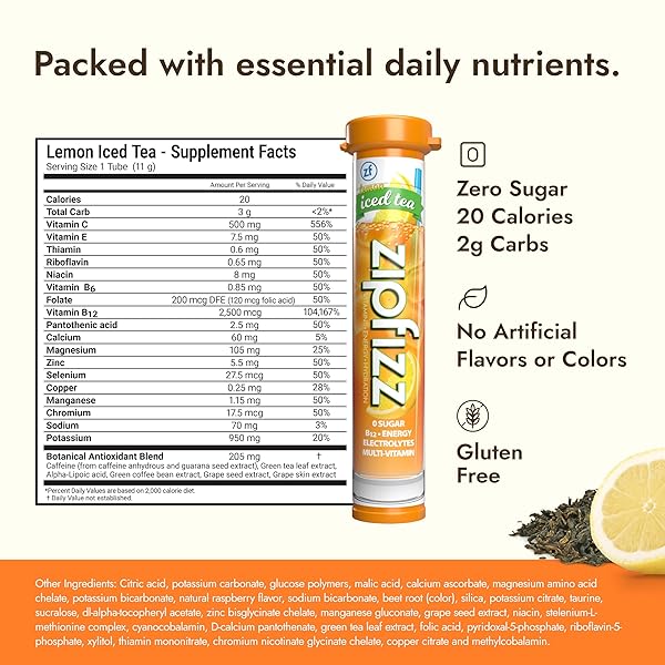 ZIPFIZZ DAILY ENERGY DRINK POWDER, LEMON ICED TEA, 20 PACK | 3-IN-1 SUSTAINED ENERGY, RAPID HYDRATION, AND ESSENTIAL VITAMINS | SUGAR-FREE | ELECTROLYTE POWDER | CONTAINS VITAMIN B-12 & ANTIOXIDANTS