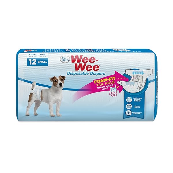 FOUR PAWS WEE-WEE SUPER ABSORBENT DISPOSABLE ADJUSTABLE DOG POTTY TRAINING DIAPERS, LEAK-PROOF PROTECTION FOR PUPPIES AND SMALL DOGS, SMALL, 12 COUNT