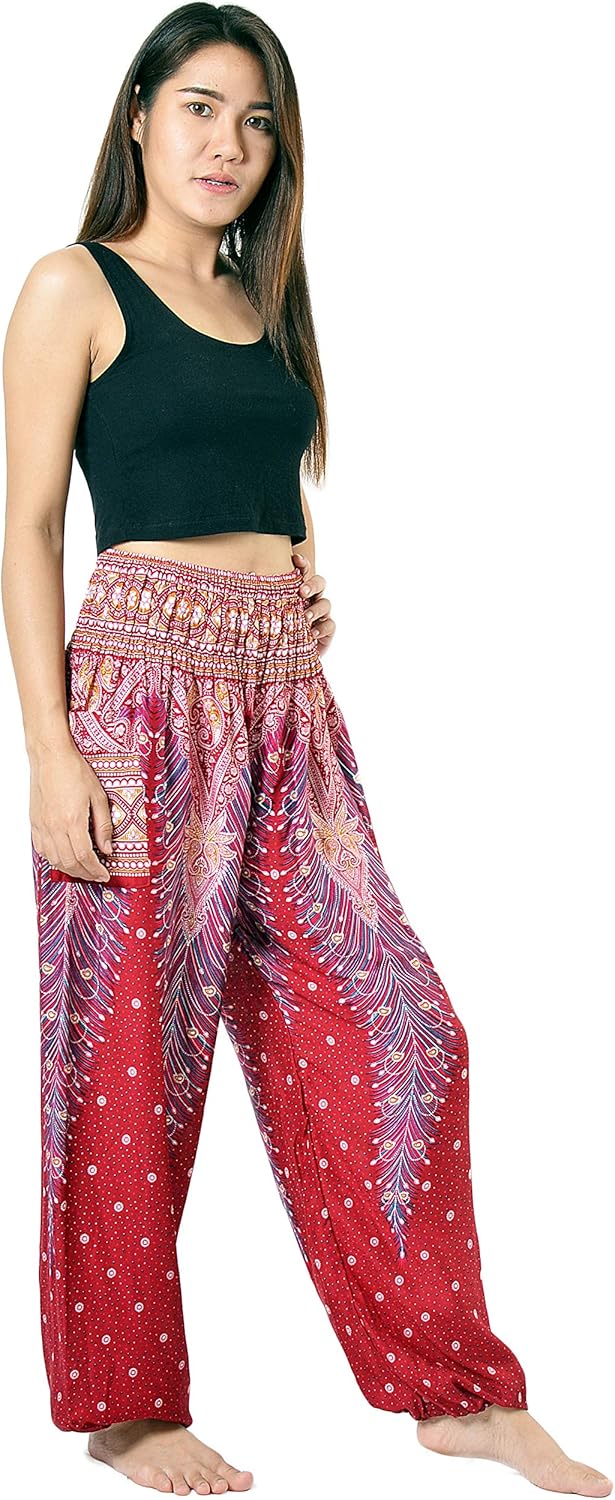 Orient Trail Smocked Waist with Elastic Cuffs Scrunched Bottom Tribal Elephant Harem Pants US Size 0-22