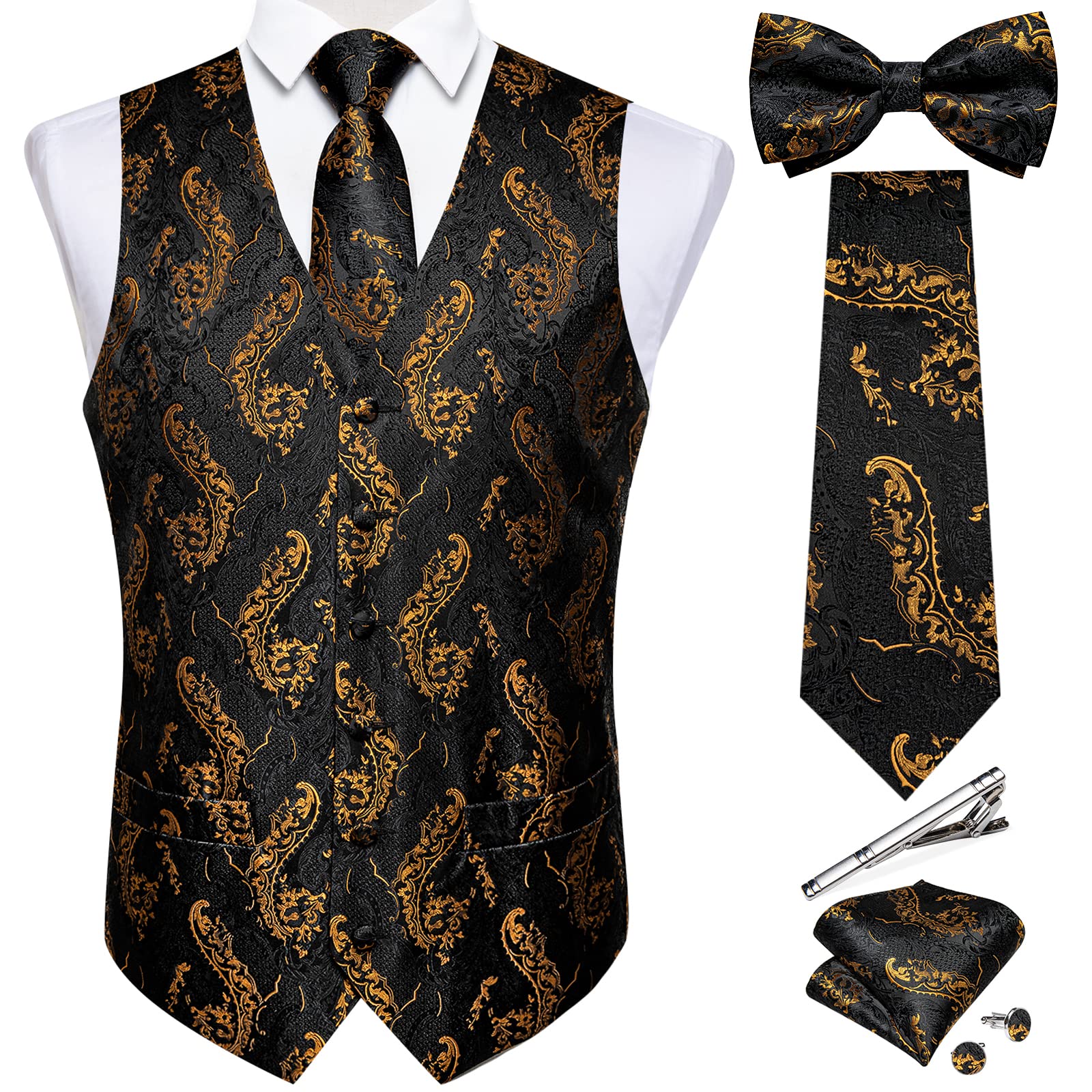 DiBanGu Men's Black Gold Paisley Vest and Necktie Set 6PCS Pre-tied Bow Tie Silk Formal Waistcoat for Wedding Party, Gold, L Image