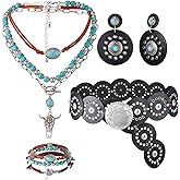 Liliaafar 4 Pcs Western Cowgirl Outfit Accessories for Women Turquoise Jewelry Sets Layered Necklace Bracelets Vintage Earrings Belts for Country Concert Party Decoration