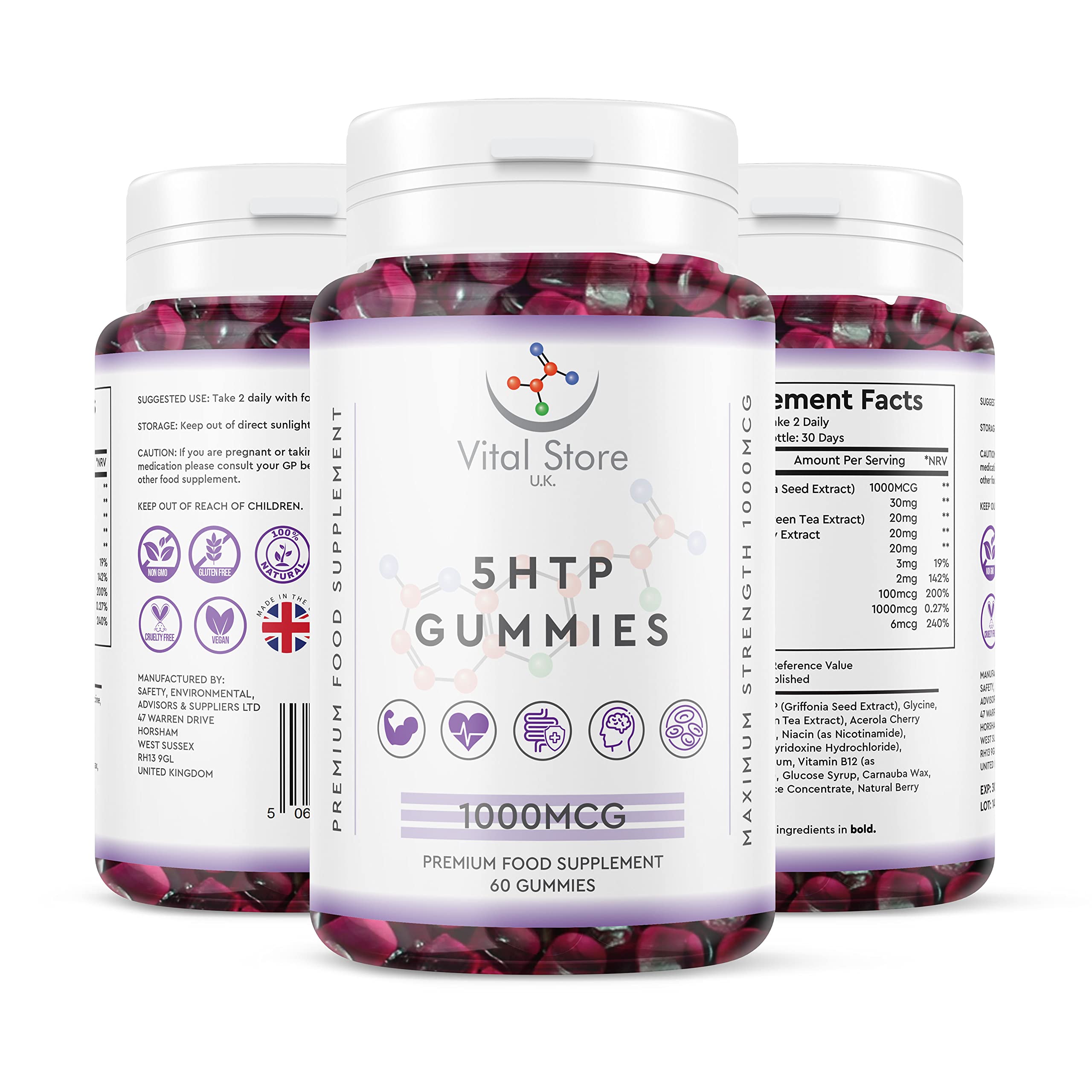 5HTP High Strength Gummies 1000MCG 60ct 10:1 Extract 1000MG - BERRY FLAVOUR - Bedtime Aid - Griffonia Extract 5HTP & L-Theanine - Suitable For Vegans - Ethical & Sustainable - 1000MCG Relax and Unwind
