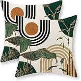 GOLIANDA Boho Green Pillow Covers 18x18 Set of 2 Green Gold Leaf Tropical Mid Century Throw Pillows Outdoor Bohemian Modern Decorative Pillowcase Farmhouse Linen Cushion Case for Couch Sofa Decor
