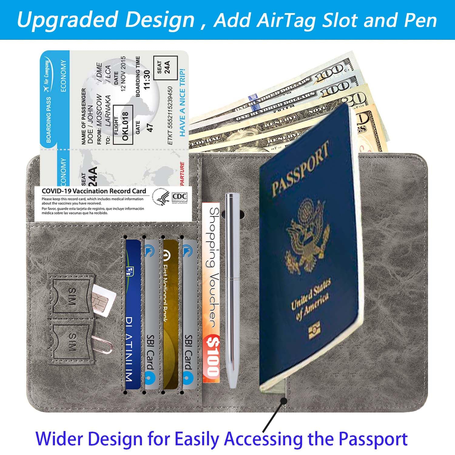 Airtag Passport Holder Cover Wallet Travel Essentials RFID Blocking Leather Card Case International Must Haves Travel Accessories for Women Men(119#Grey)