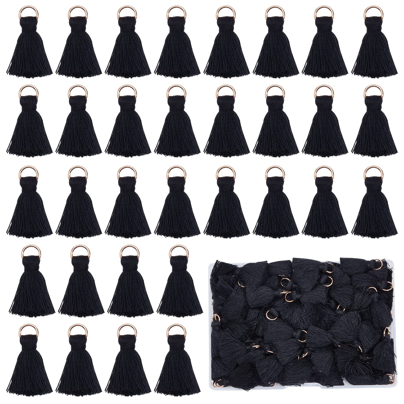 SUNNYCLUE 1 Box 100Pcs Black Cotton Tassels Mini Tassel Charms Tiny Short Cotton Thread Tassels Mala Craft Tassel for Earring Necklace Jewellery Making Graduation Keychain Charm Crafts Decorations
