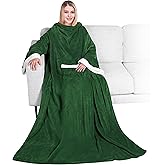 PAVILIA Fleece Blanket with Sleeves for Women Men Adults, Wearable Blanket Warm Soft Plush, Snuggle Pocket Sleeved TV Throw Wrap, Cozy White Elephant Gifts Ideas for Mom Wife, Dark Green