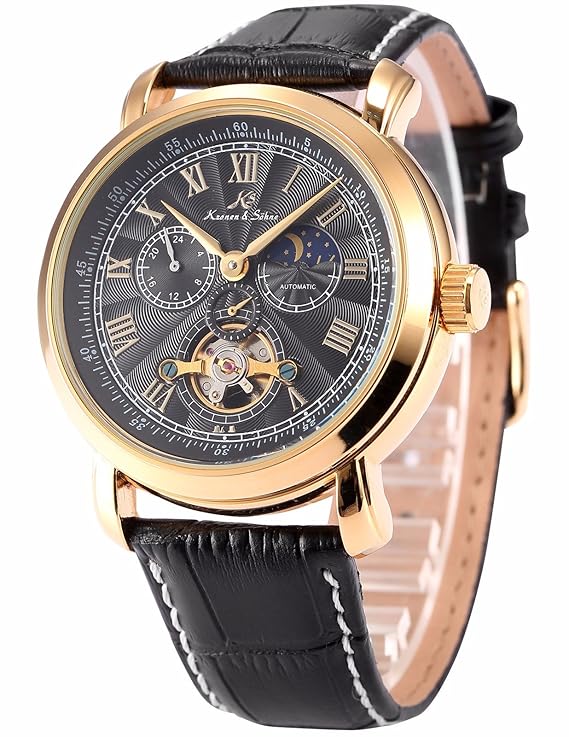 KS Herren Armbanduhr Automatik Mechanischen Edelstahl Leder Band Schwarz KS221