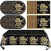 Juhap 41Pcs 50th Birthday Party Decorations for Men Women, Black Gold Happy 50th Birthday Supplies with 20 Plates, 20 Napkins and 1 Tablecloth, 50 Years Old Party Disposable Tableware Kit for Him Her