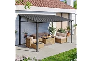 Aoxun 10' x 12' Lean to Gazebo, Hardtop Outdoor Pergola with Sloping Galvanized Steel Roof, Large Wall-Mounted Heavy Duty Awnings for Patio, Backyard, Deck, Porch (Black)