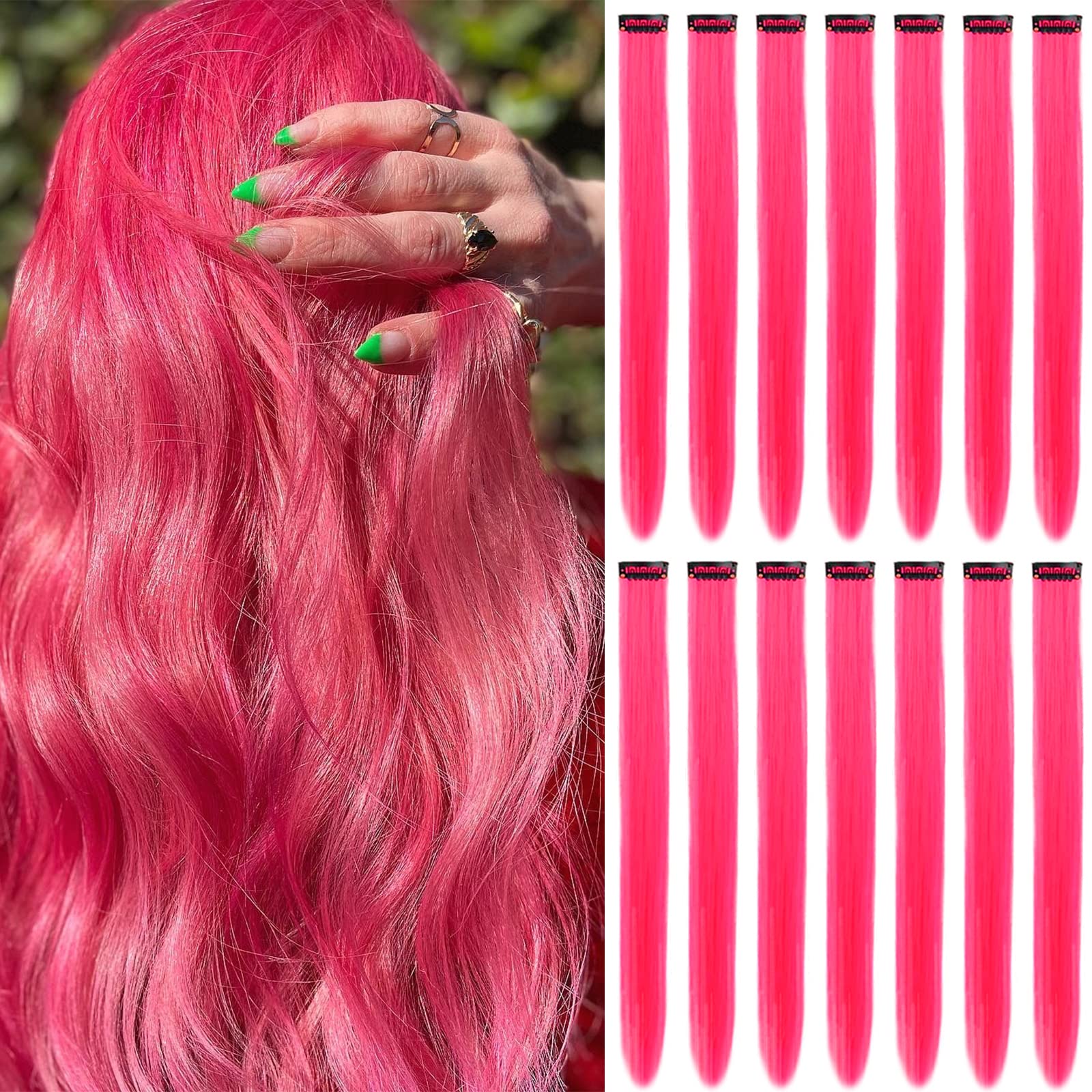 16Pcs Colored Clip in Hair Extensions, 22 Inch Colorful Highlights Hairpieces Straight & Long Heat-Resistant Synthetic Hair Accessories for Kid Girls Women Party Hair Decor (16Pcs-Hot Pink)