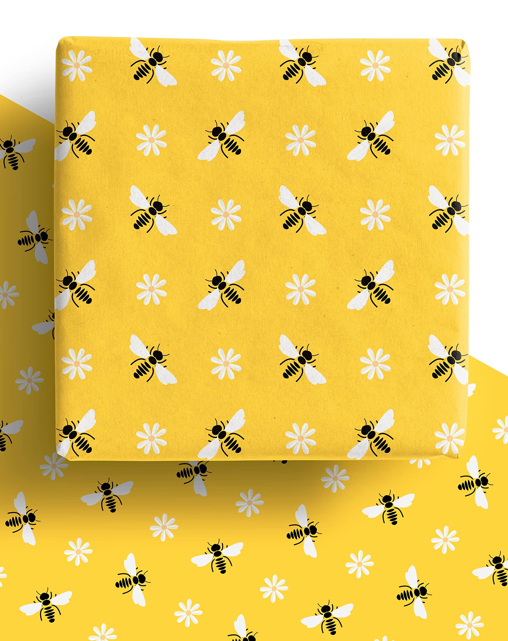 Yellow Bee Wrapping Paper - 4 x Recyclable Eco Bee Easter Gift Wrap Sheets 70cm x 50cm Made in the UK. Great for Gardeners, Animal lovers