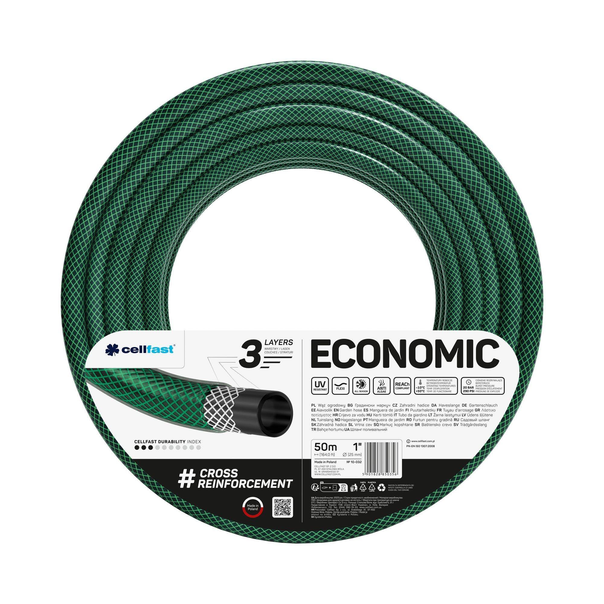 Cellfast Garden Hose ECONOMIC 1” 50m, Flexible and Three-layer Hose, Resistance to UV, Internal Part Resistant to Algae, 10-032