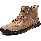 CrazySavage Mens Casual Leather Orthopedic Handmade Boots Fashion Mid Top Walking Driving Shoes Waterproof Arch Support Spacious Toe Box Outdoor Non-Slip Trekking Boot