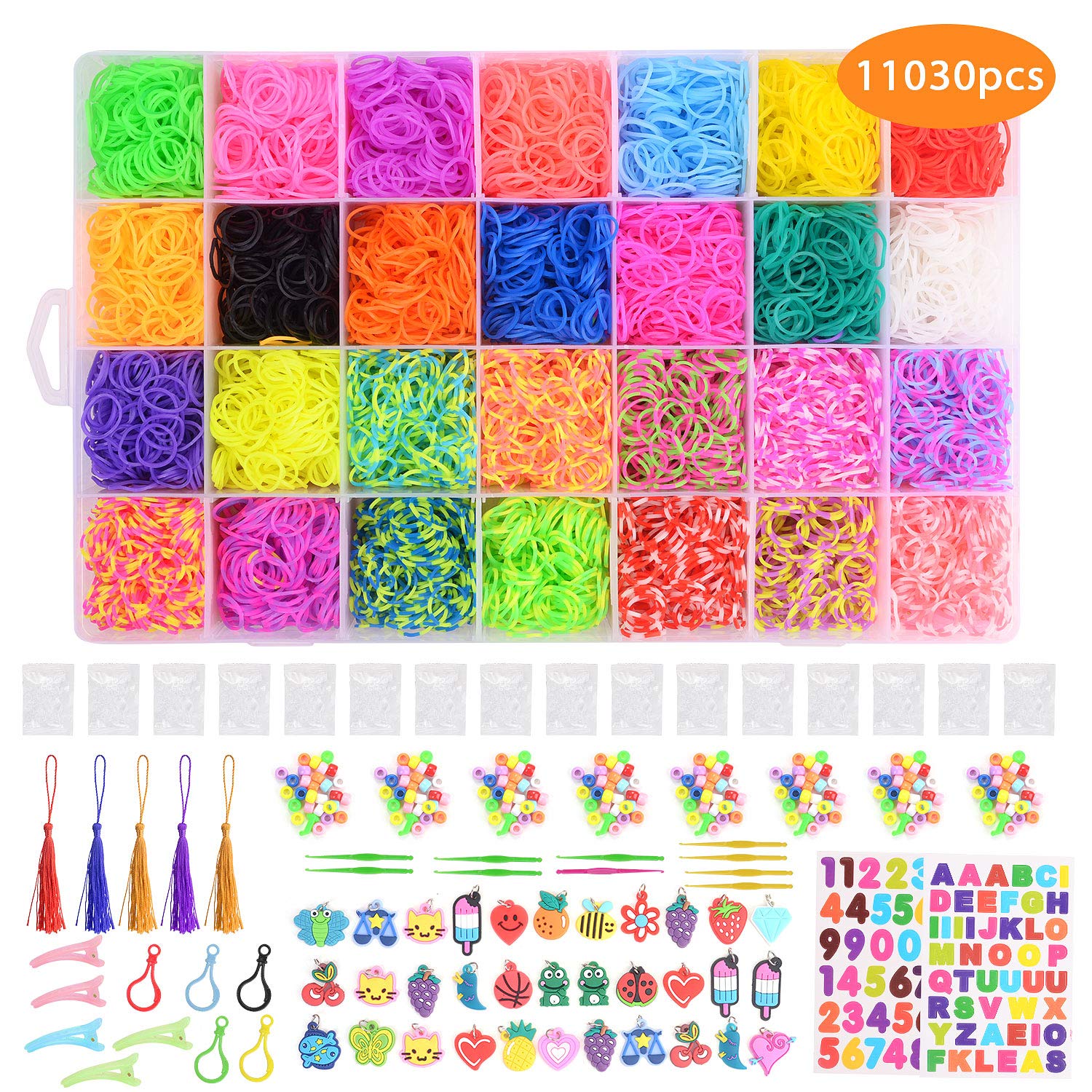 Ulikey 11000+ Rainbow Rubber Bands Refill Bracelet Making Kit, Bracelet Maker Making Kit with 10,000 Rubber Loom Bands Kits, 770 S-Clips, 200 Colorful Beads, 10 Small Crochet etc for Party