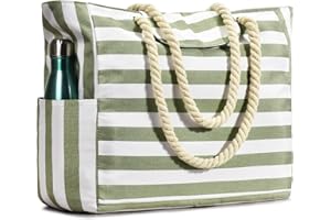 BECOKAN Beach Bags for Women, Pool Swim Bag Beach Bags Waterproof Sandproof Large Stripe Beach Tote with Magnet Button Zipper Closure
