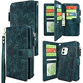 Harryshell Compatible with iPhone 12 / iPhone 12 Pro Case Wallet Detachable Magnetic Zipper Leather Cash Pocket with 12 Card Slots Holder Wrist Strap (Floral Teal)