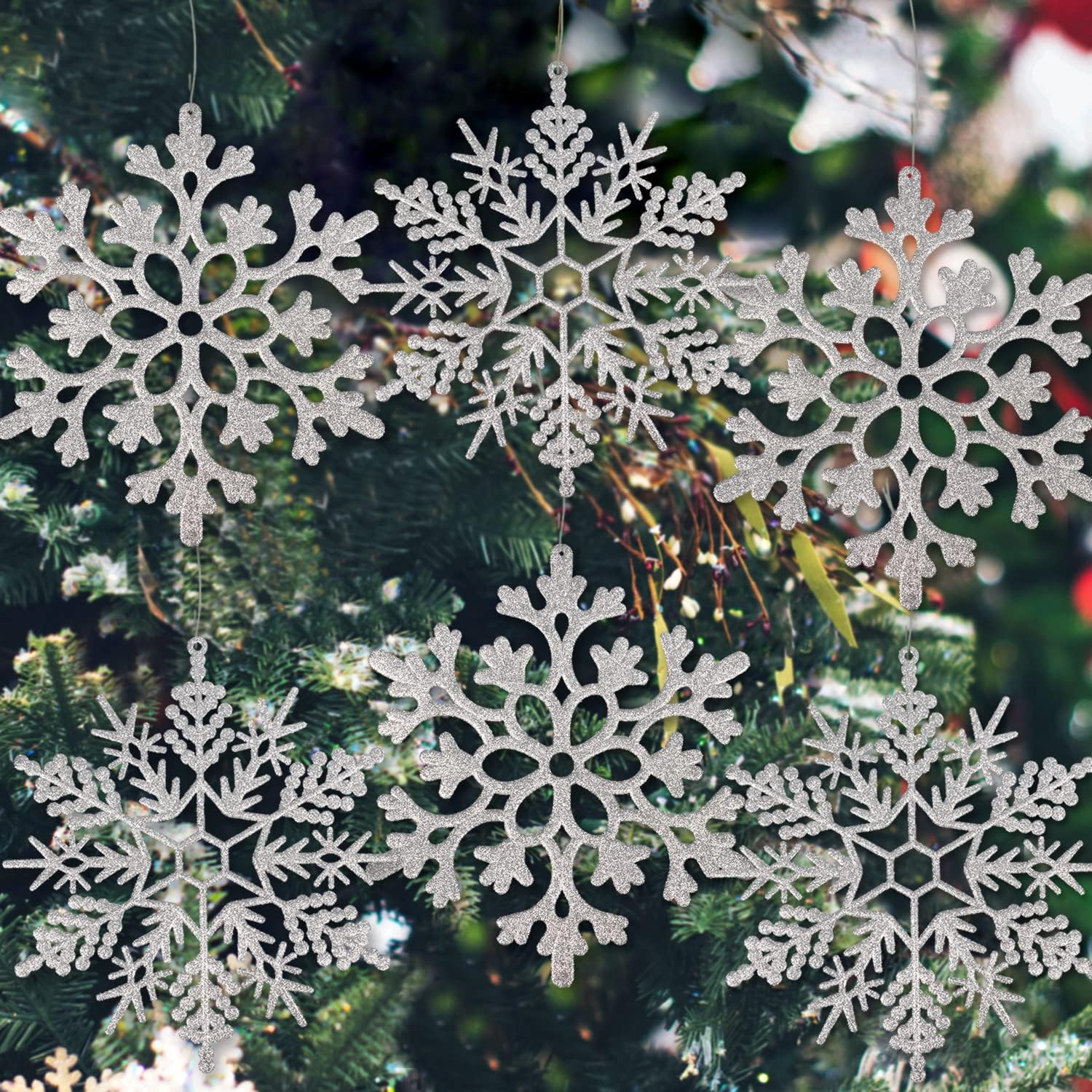 Ornaments - 6pcs Large Silver Snowflakes Ornaments 12” Big Plastic Glitter Snowflake for Winter Indoor Outdoor Christmas Tree Window Room Decorations Giant Craft Snowflakes