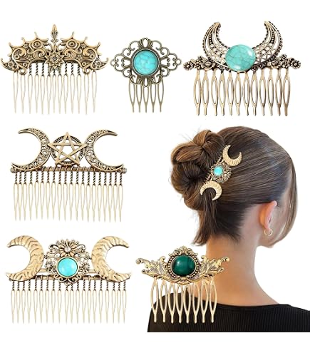Vintage Hammered Brass Crescent Moon Hair Comb Turquoise Cabochons il_fullxfull.6428003471_4r82.jpg main image 4