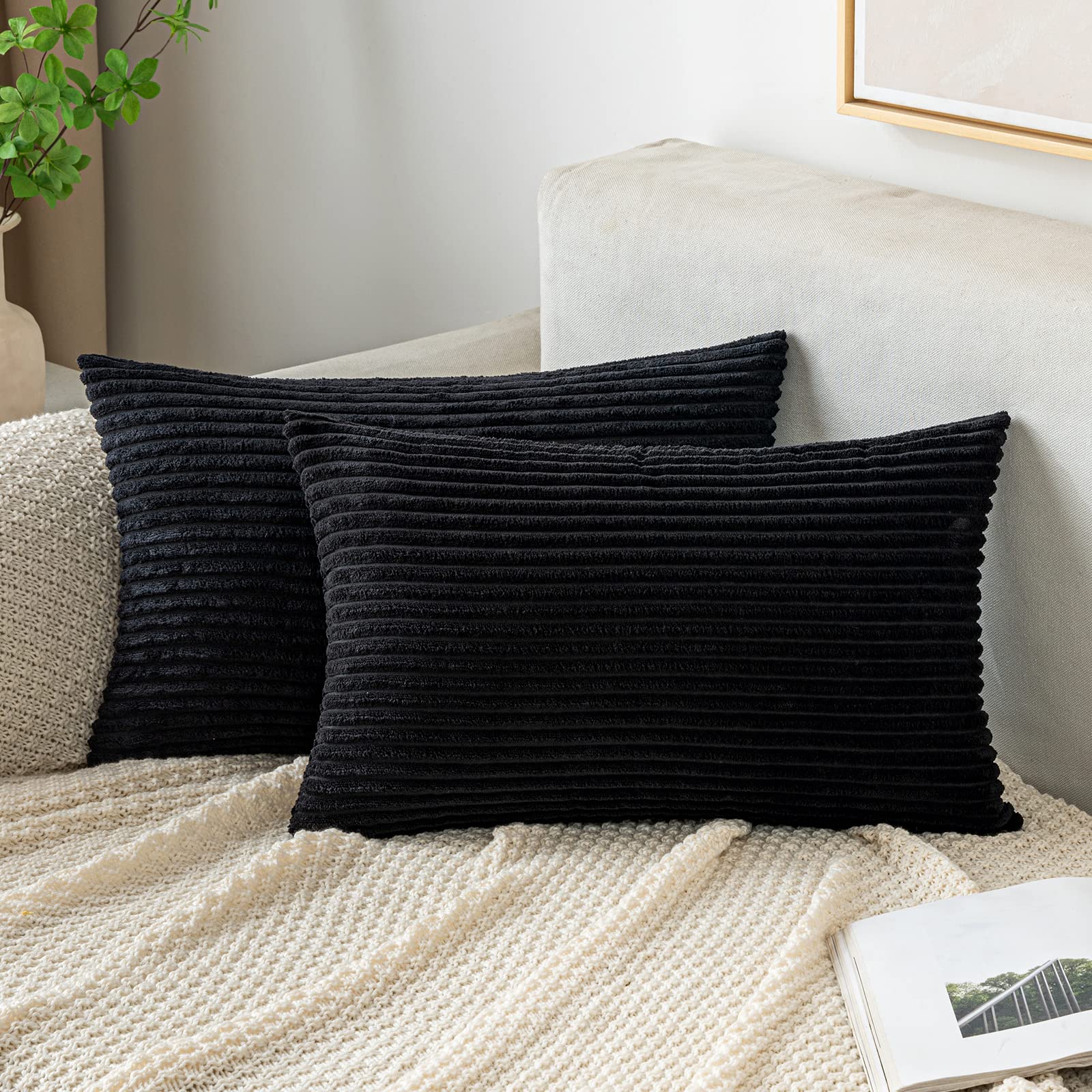 EMEMA Cushion Covers Corduroy Oblong Throw Pillow Covers Striped Soft Sham Home for Sofa Couch Bedroom Decorative Pillowcases 12x20 Inch 30x50cm Set of 2 Balck