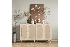 QHITTY Rattan Sideboard Buffet Cabinet, Accent Kitchen Storage Cabinet Console Table with Adjustable Shelves for Living Room, Dining Room, Bedroom (Natural)