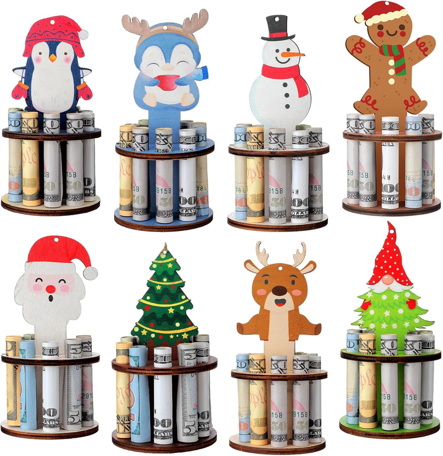 Tree Stands - Suzile 8 Pcs Christmas Unique Money Holder Wooden Christmas Reindeer Snowman Party Cash Money Holder Christmas Tree Hanging Ornaments Holiday Table Decorations