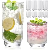 WeirdUncle Set of 8 Ribbed Glass Cups with Crystal Base,4 Highball Glasses 18oz & 4 Rocks Drinking Glasses 9oz, Art Deco, for Water, Iced coffee, Cocktail, Juice, Whiskey, Wine, Gift