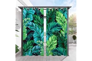 ANHOPE Outdoor Curtains Waterproof Grommet Outside Curtains with Turquoise Tropical Palm Leaf Print Pattern Privacy Window Drapes for Patio Gazebo Pergola Porch Cabana Deck 2 Panels 54 x 84 Inch