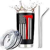 Firefighter Gifts for Men | Stainless Steel Travel Tumbler/Mug with Lid for Coffee Cup| Thin Red Line Flag Design for Fireman | Fire Department | First Responder Valentine's Day Gift (20oz Black)