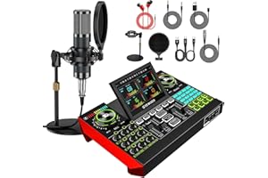 TENLAMP Podcast Equipment Bundle with Live Sound Card Audio Mixer, 3.5mm Condenser Microphone for PC/Phone Streaming and Singing, Podcast Microphone Bundle with Voice Changer sound board